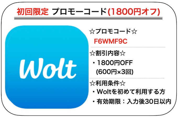 Wolt初回プロモコード1800円オフ【F6WMF9C】